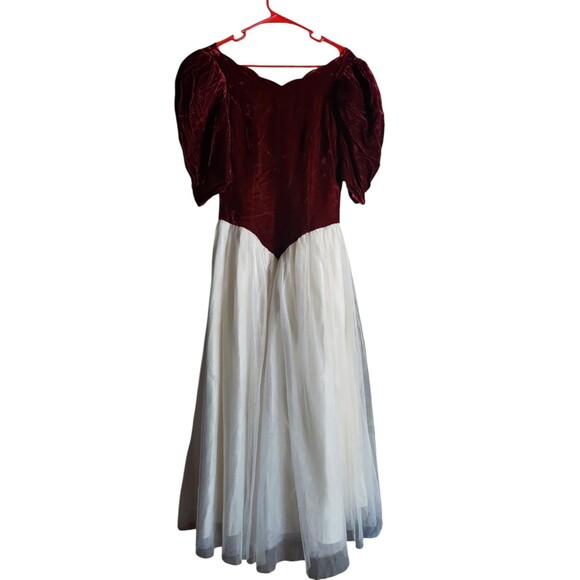 80s Vintage Red Wine Velvet Half Sleeve Victorian Puff Shoulder Party Ball Dress - Picture 6 of 12